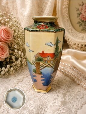 Antique Nippon Hand Painted Scenic Moriage Hexagonal Porcelain Vase Wreath Mark